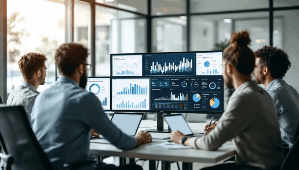 A business team is gathered around multiple computer screens, analyzing various SEO performance charts and graphs, which include data on organic search traffic and search engine results pages. They are focused on improving their digital marketing strategy through keyword research and understanding search intent to enhance their online visibility.